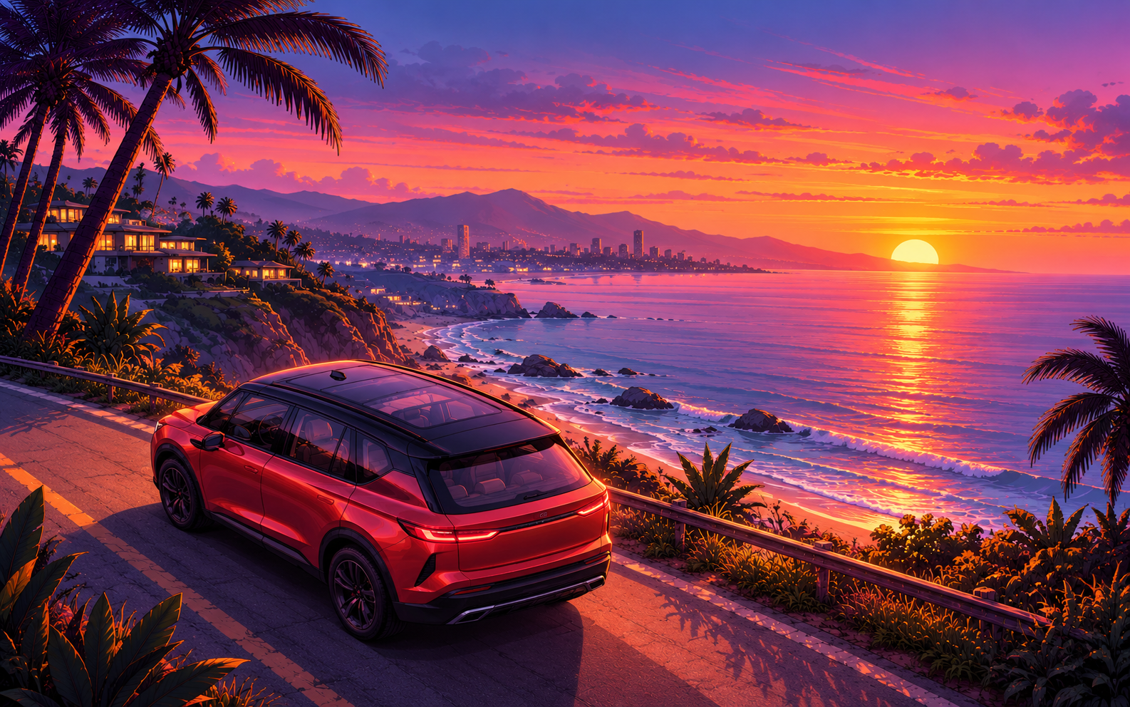 A red luxury SUV on a cliffside coastal road at sunset — palms, a glowing sun low over the ocean, beach, and a distant skyline, in the GTA cover-art style brands are borrowing.